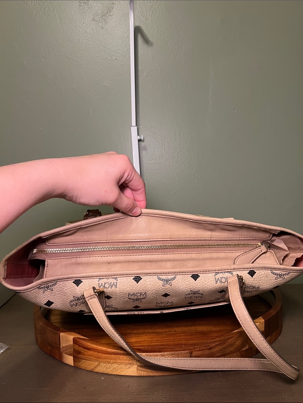MCM Beige Logo Canvas Tote with Coral and Blue Center Stripe - Picture 8 of 10